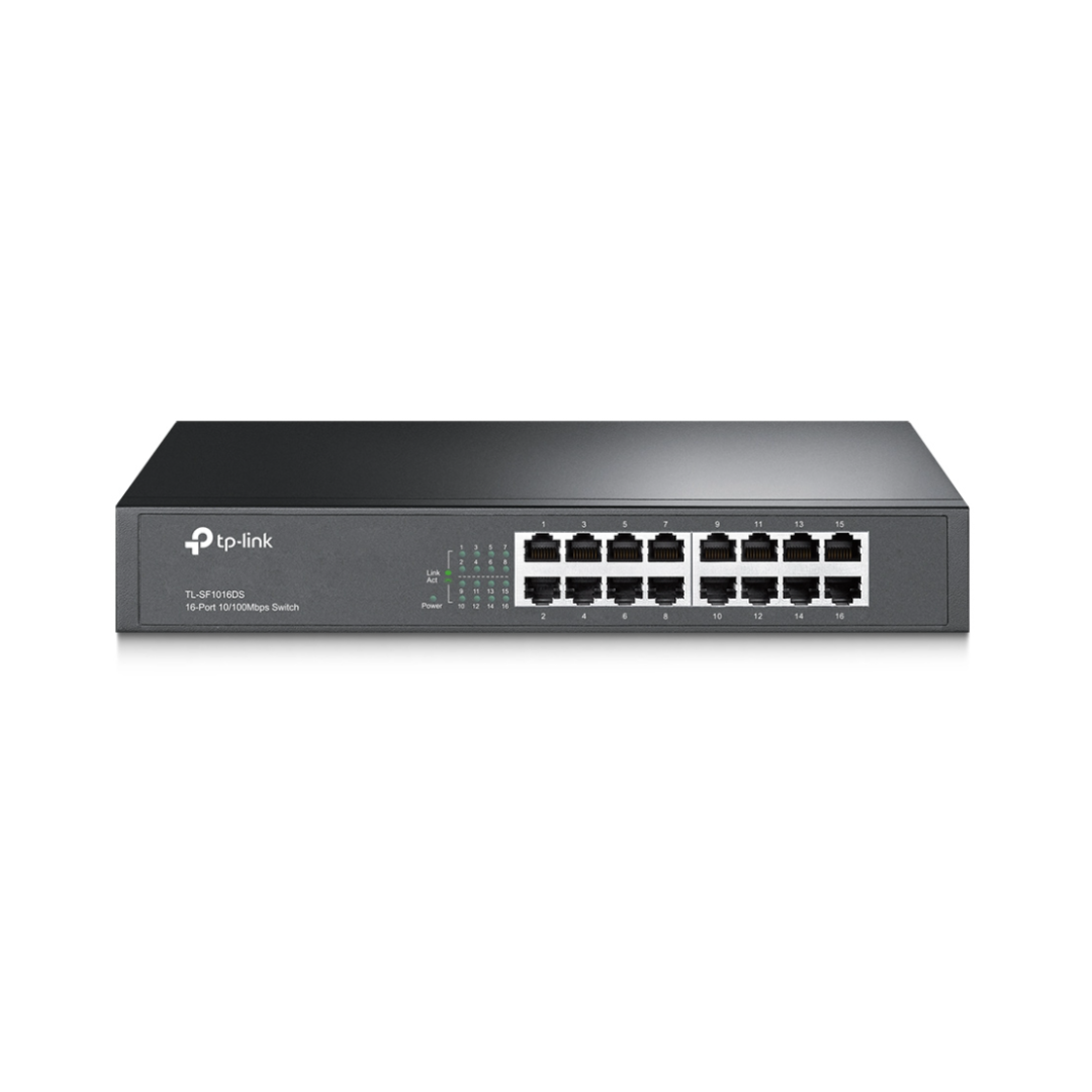 TP-Link network switch with 16 ports on a white background